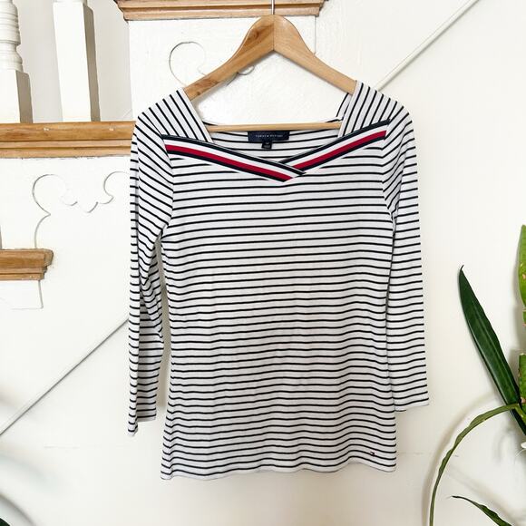 Tommy Hilfiger Striped Knit Top Nautical Sailor Collar Stretch Size S Small - Picture 1 of 6